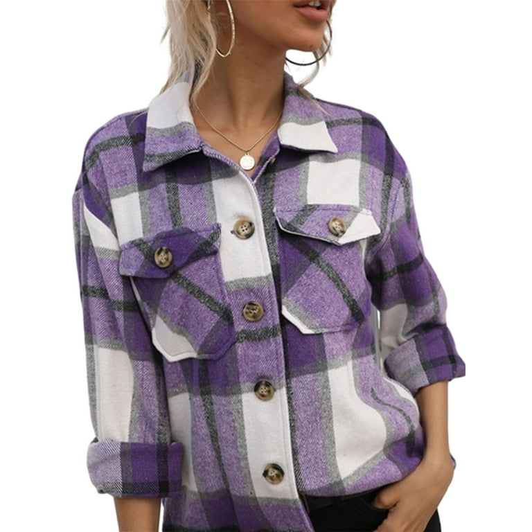 Oyamiki Women/'s Long Sleeve Flannel Plaid Wool Blend Coats Button Down Shirt Jacket Shackets